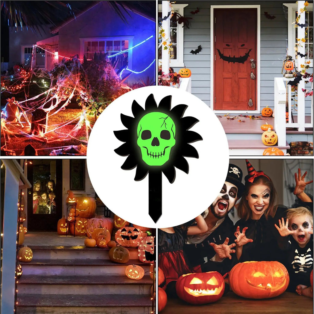 Halloween Garden Stakes Luminous Skull Yard Signs Wooden Decorations Qme