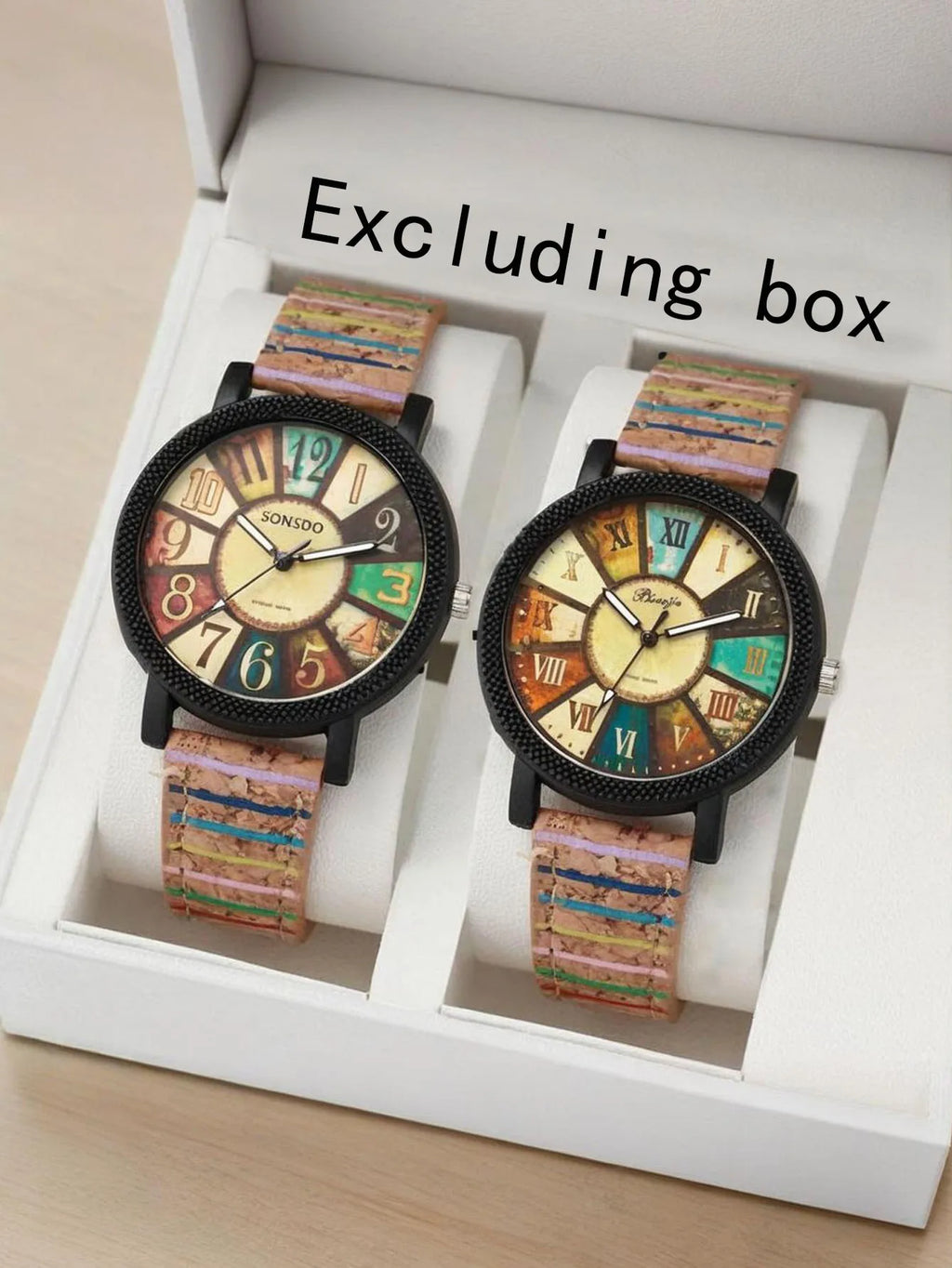 2-piece/set wood grain dial women's watch retro striped pattern leather watch tree strap student watch combination Qme 2pcs
