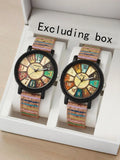 2-piece/set wood grain dial women's watch retro striped pattern leather watch tree strap student watch combination Qme 2pcs