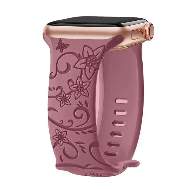 Floral Engraved Strap Apple Watch Band Silicone Bracelet Iwatch