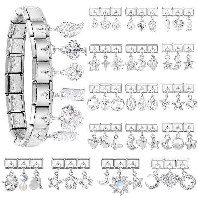 Wholesale Shiny Blue Sun Zircon Stars Moon Sereis Pendant Italian Charm Links Fit 9mm Stainless Steel Bracelet Women DIY Making Qme