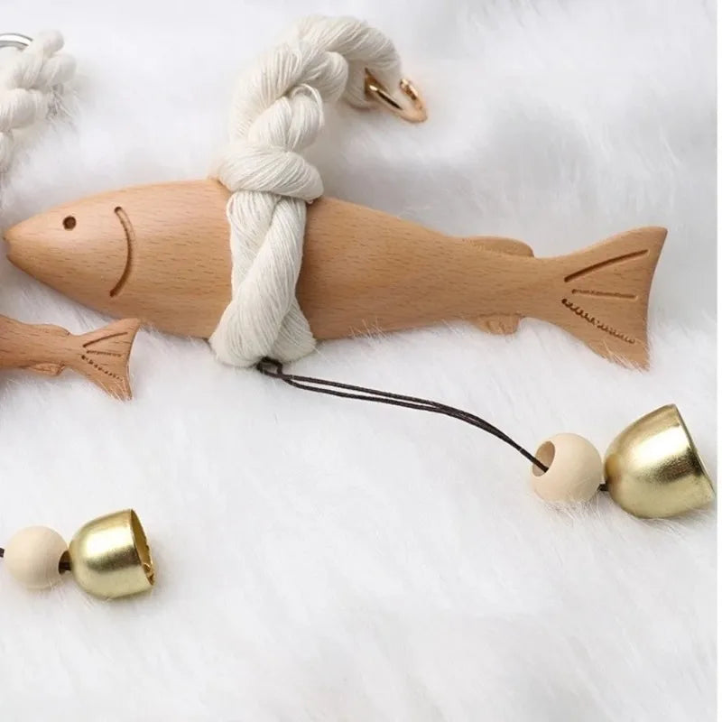 Marine Beach Themed Wood Fish Sculpture Bell Handcrafted Wall Hanging Qme L