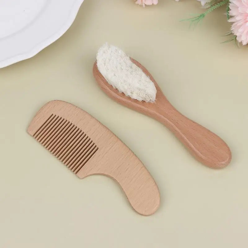 Infant Grooming 2 Beech Wood Baby Cushion Comb Wool Brush Newborn Qme 2pcs