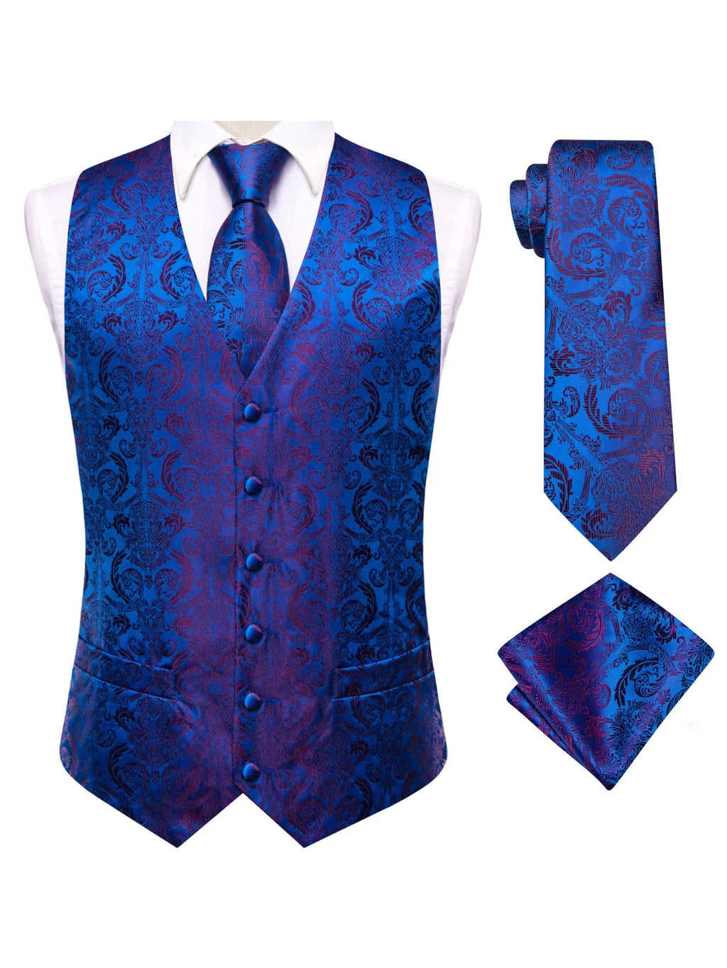 Blue Men Vest Three-Piece Suit Set, Dress Waistcoat with Tie and Pocket Square for Party Ceremony Qme