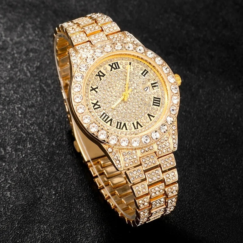 Men's Full Diamond Watch and Jewelry Combo Set, Iced Out Cuban Chain + Bracelet + Cross Pendant + Ring + Watch, Perfect Gift Qme