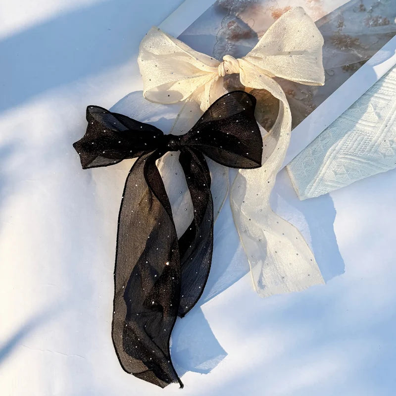 Shining Sweet Chiffon Bow Hair Clips Elegant Ribbon Ponytail Clip Qme