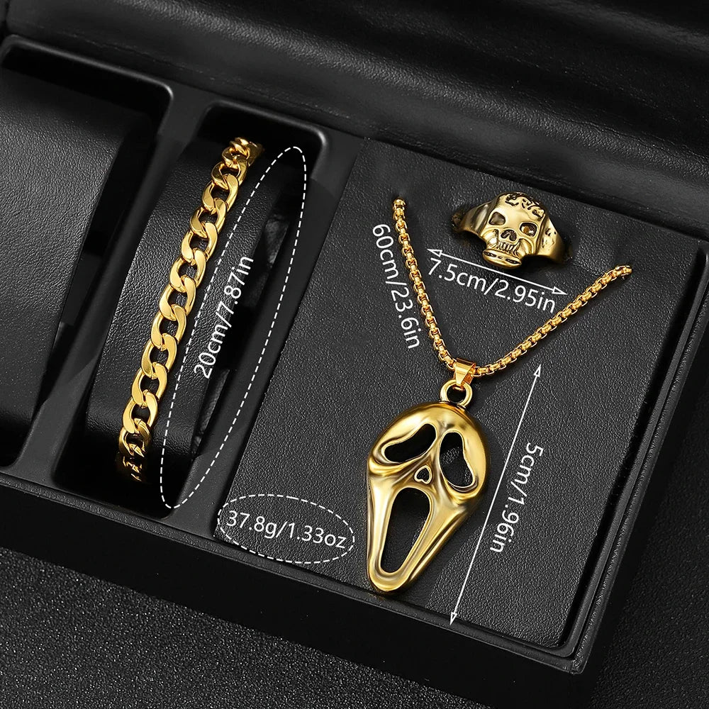 4PCS/SET Men's Watch Fashion Trend Halloween Elements Round Dial Quartz Watch Bracelet Necklace Ring Set Perfect Holiday Gift Qme