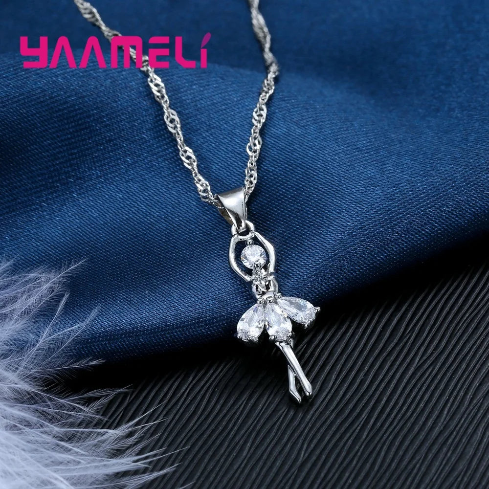 High-End Women Jewelry Sets Ballet Girls Figure Lady Usual 925 Sterling Silver Color Necklace And Hoop Earrings Accessory Qme