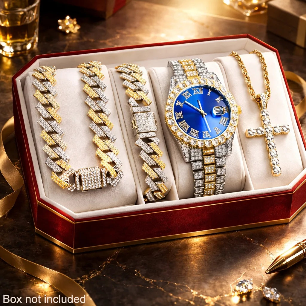 5Pcs Two-tone Iced Out Men's Watch & Jewelry Set, Blue Dial Watch + Cuban Chain + Bracelets + Cross Necklace, Hip Hop Style Qme Blue