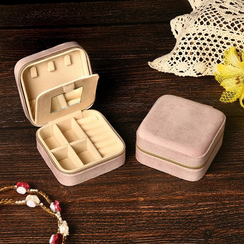 Velvet Jewelry Box For Women and Girls Necklace Ring Earrings Travel Portable Zipper Square Jewelry Storage Case with Mirror Qme Nude Pink