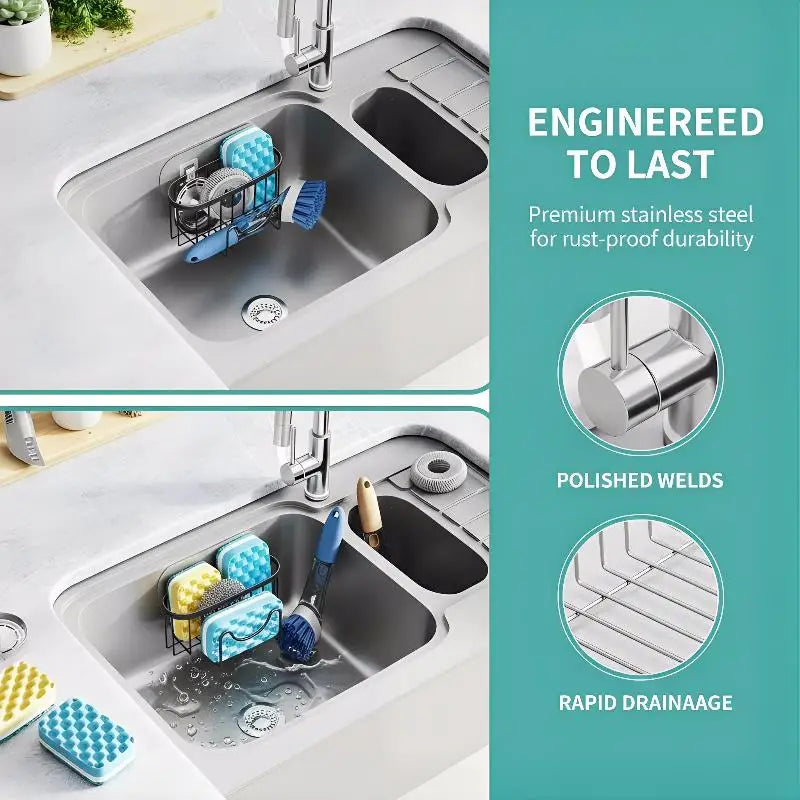 Sink Organizer - Stainless Steel Suction Sponge Stand - Fast-Draining, Easy-Clean Holder with Hook for Modern Kitchens Qme