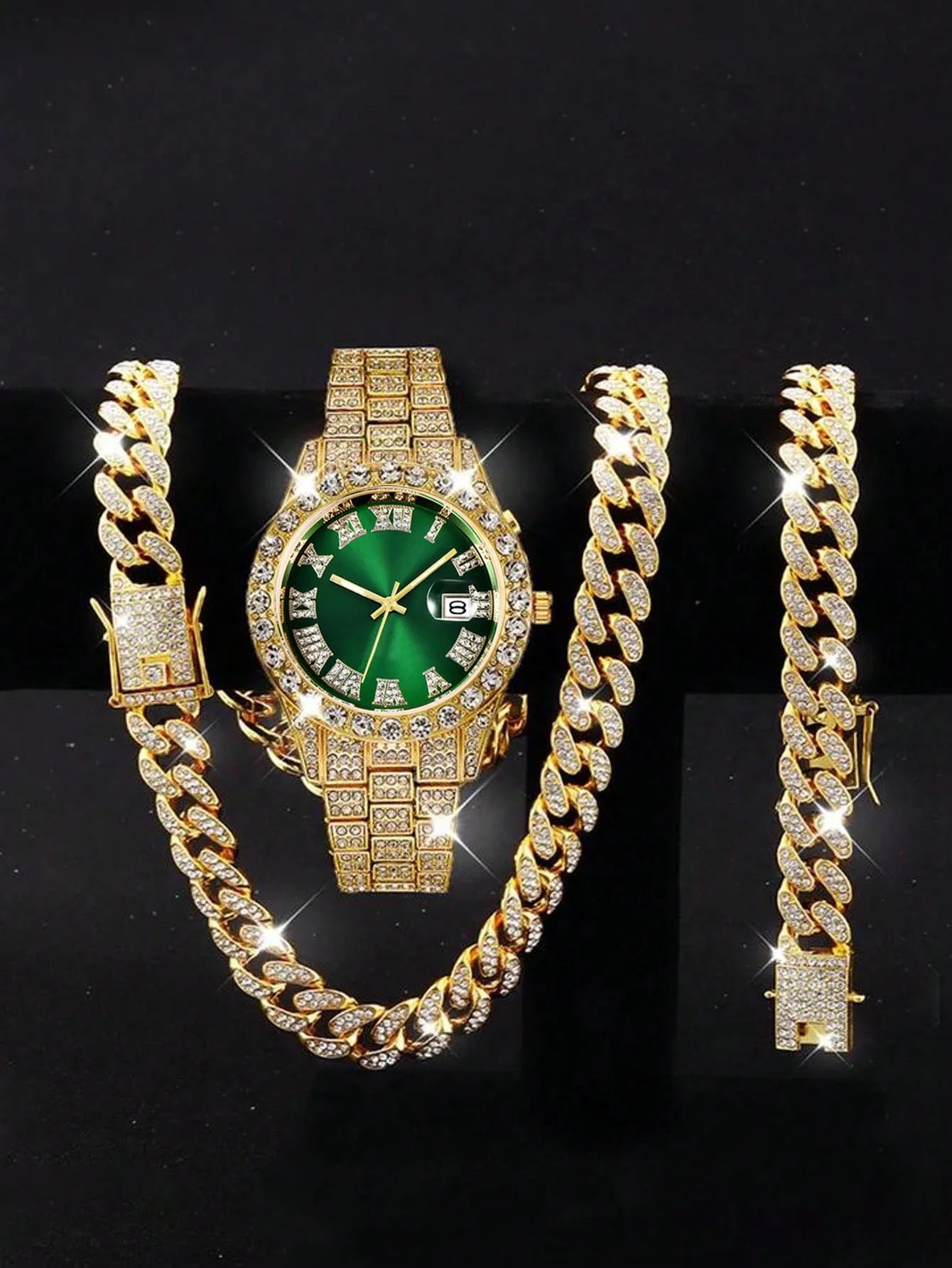 Hip hop Watch Set with Diamond Bracelet Necklace Quartz Hiphop Watch Essay Watch Large Dial Set Qme Ivory