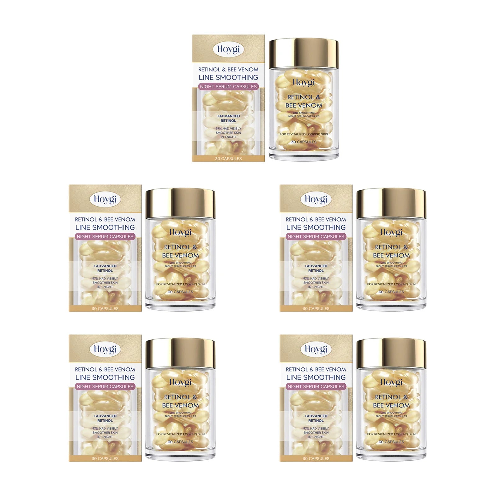 Retinol Bee Venom Facial Capsules Anti-Wrinkle Firming Smoothing Moisturizing Facial Skin Anti-Aging Night Serum for Face & Neck Qme 5 x 30pcs Boxed