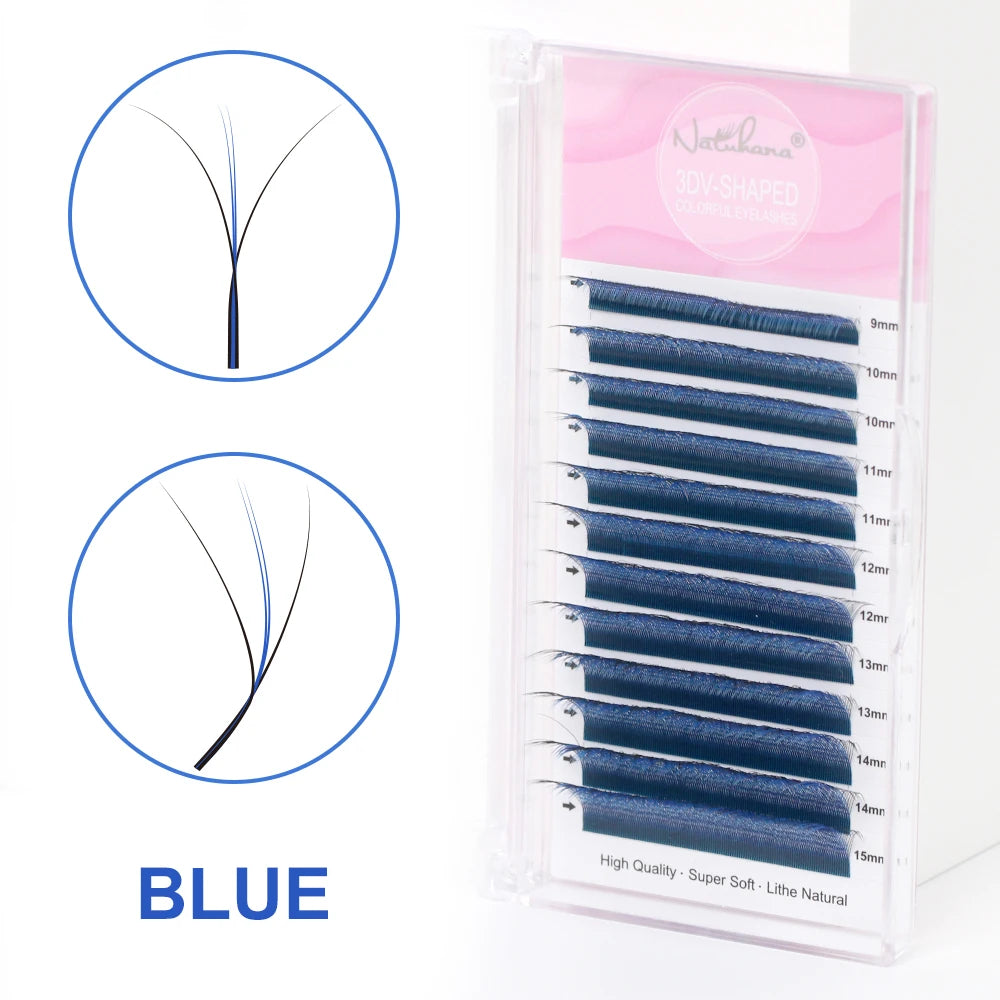 NATUHANA Colorful 3D W-shape Lashes Premade Volume Fan Lash Qme Blue C 0.07mm|Mix8-14mm