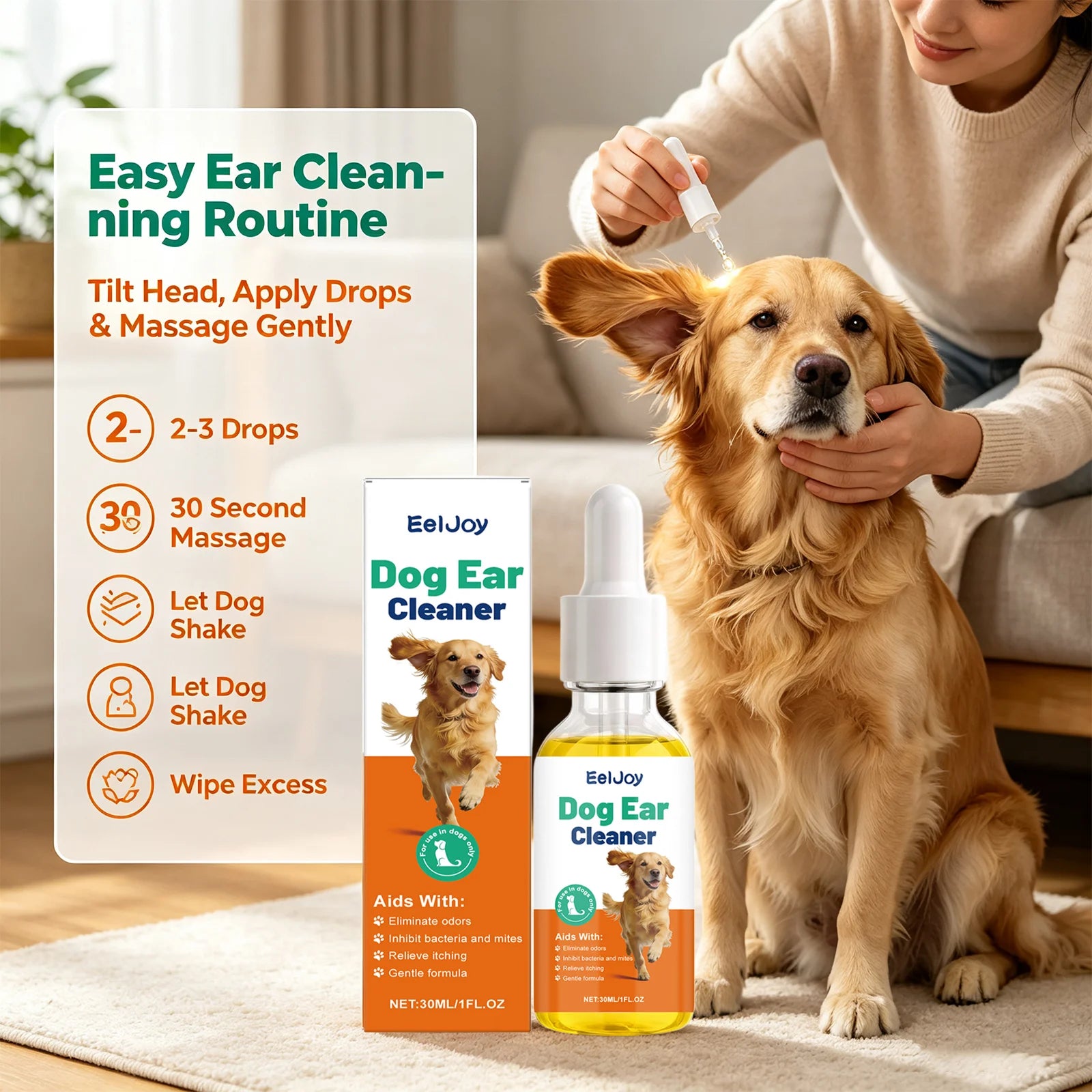 Dog Ear Cleaning Drops Removing Earwax Reduce Ear Mites Relieve Inflammation & Itching Eliminate Odors Freshing Pet Ear Cleaner Qme