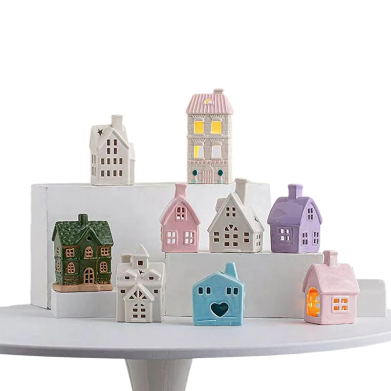 Village House Light Up Decorations, White Ceramic House Decor With Lights, Light Up Winter Village Houses Qme