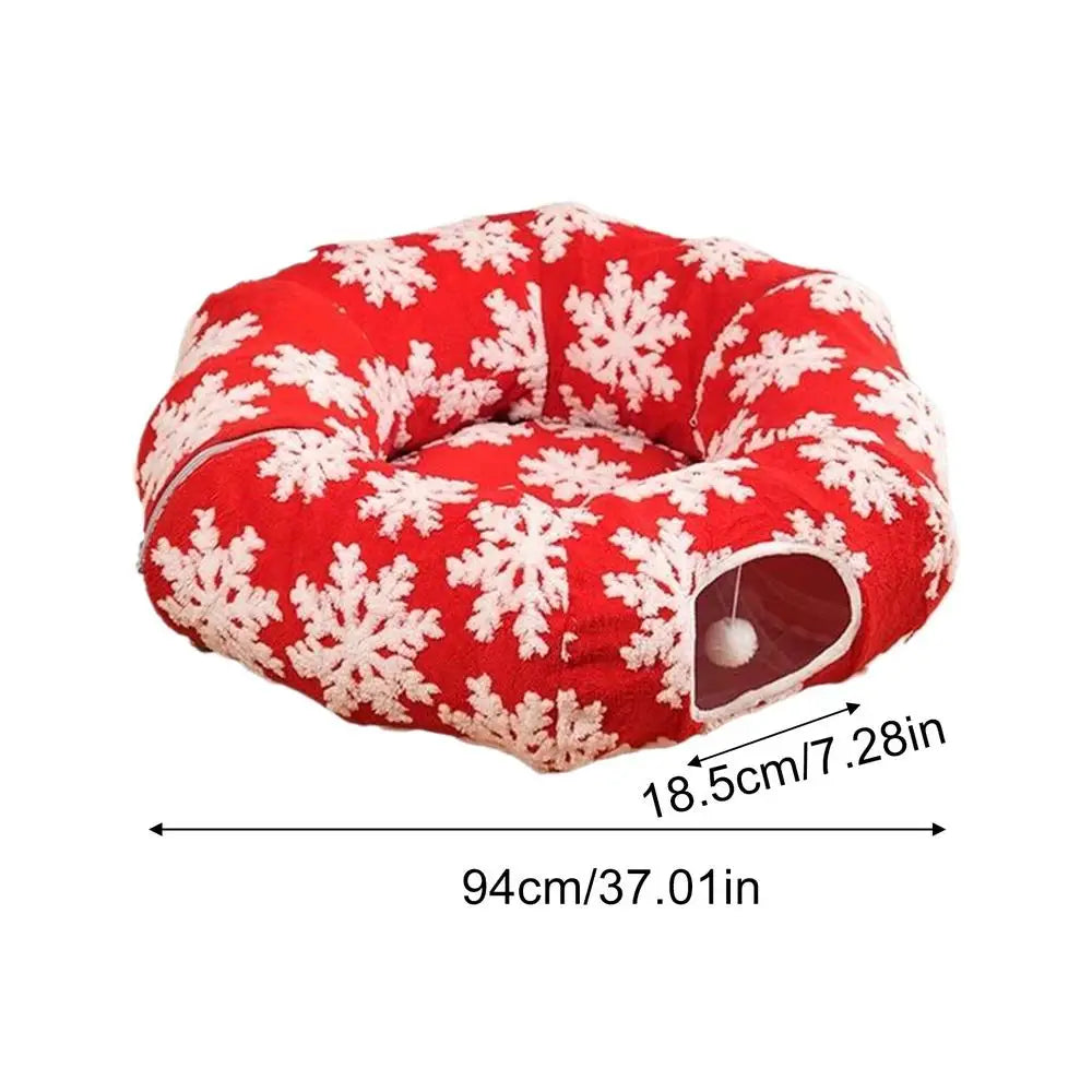 Christmas Tunnel Cat Bed Kitten Donut Nest Kitten Tunnel Cushion Indoor for Living Room Balcony Enrichment Home Bedroom Exercise Qme Red