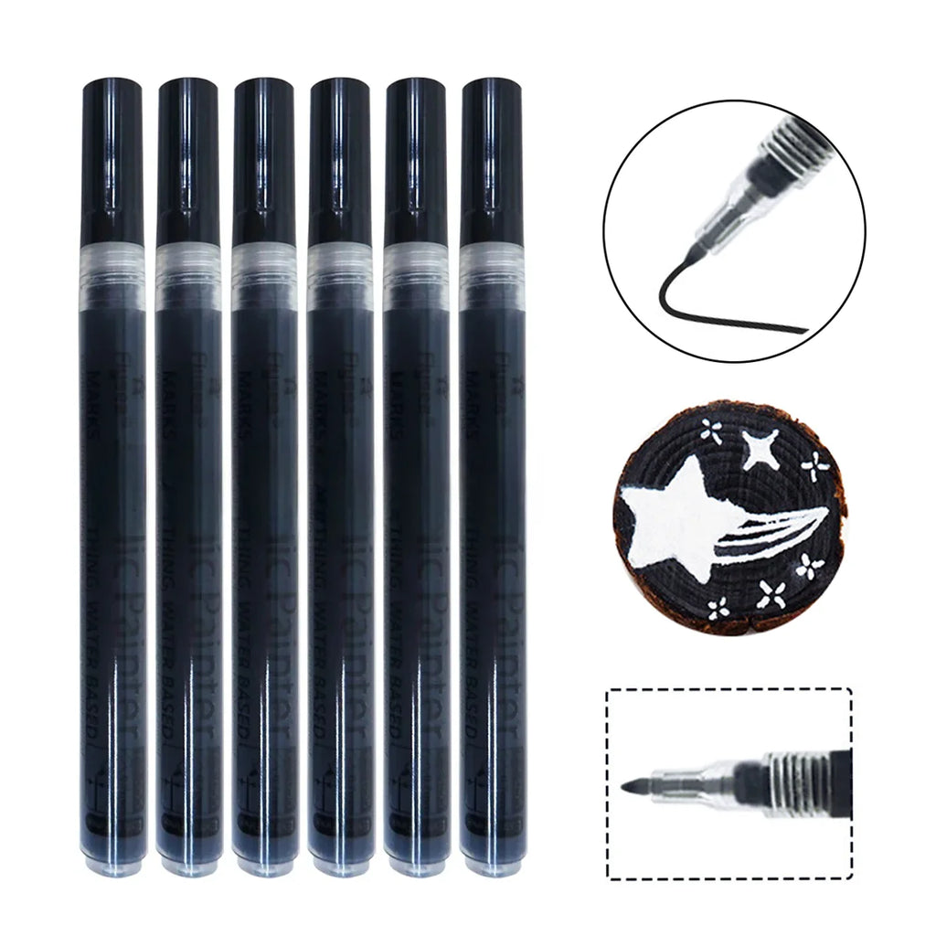 6Pcs/set Black/White Acrylic Paint Pen for Rock Painting, Stone, Ceramic, Glass, Wood, Tire, Fabric Metal, Canvas Qme 6 Black
