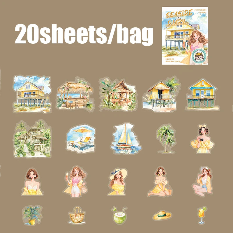 Vacation Girl & Scenery PET Sticker Pack, Journal Collage Decor, Toppa Decoration, Gift Wrapping & Multi-Purpose Stickers Qme E