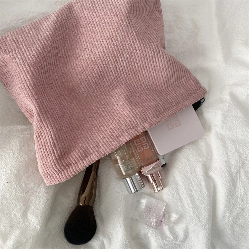Corduroy Travel Cosmetic Bag Portable Makeup Storage Bag Purses Women Large Capacity Zipper Make Up Organizer Storage Clutch Qme Pink