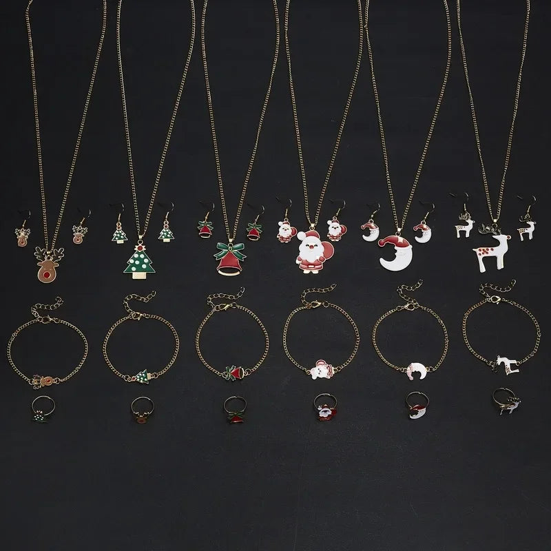 4PCS/Set Christmas Women Alloy Jewelry Set Santa Elk Bell Earrings Necklace Bracelet Decor Xmas Accessories Gift for Girl Women Qme