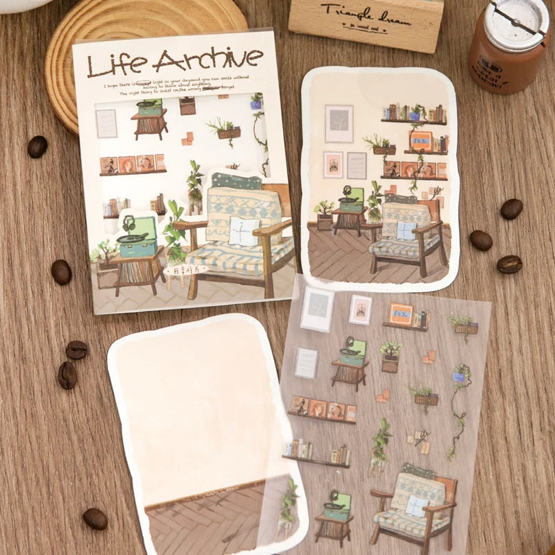 Life Archive Healing Scene Stickers, 4 Bags Set, Cozy Home Illustrations, Relaxing DIY Crafts for Journal Lovers Qme