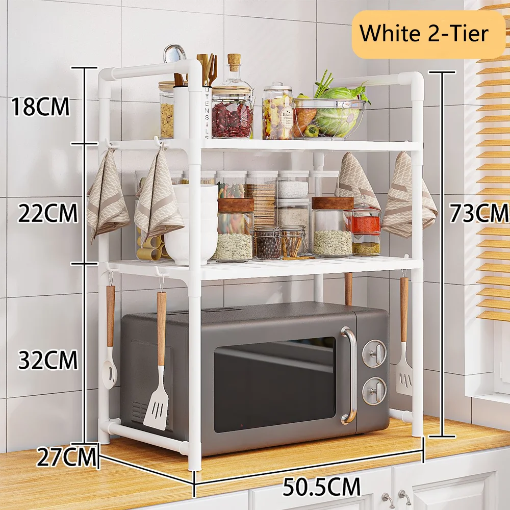 Extra Wide Microwave Stand - 2-Tier Heavy-Duty Kitchen Shelf for Oven Toaster & Spice Racks with Handrail Hooks Non-Slip Qme White 2-Tier