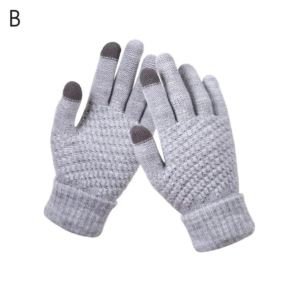 1Pair Women Gloves Knitted Solid Autumn Winter Hand Warmer Thicken Lining Skiing Short Wrist Female Full Fingered Mittens Qme Gray
