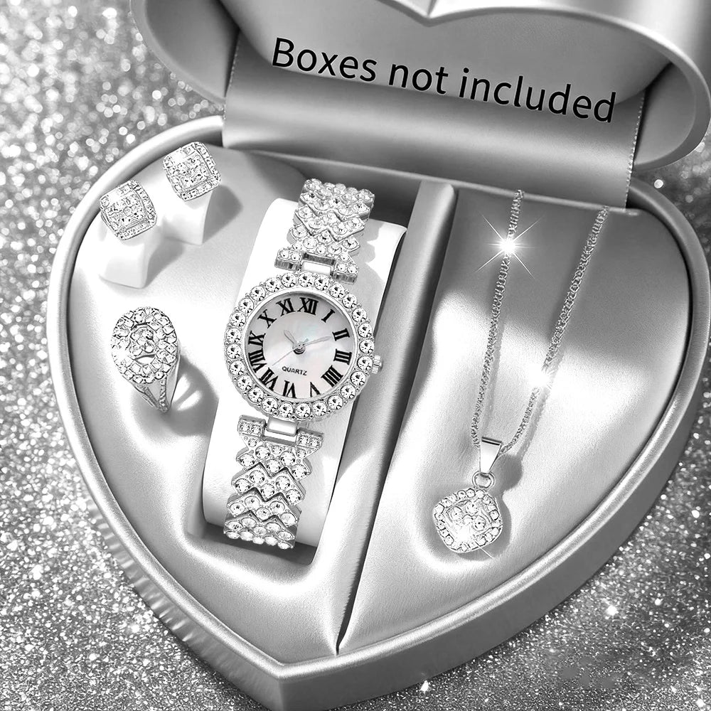 2026 5pcs Elegant Rhinestone Women Watches Fashion Roma Dial Bracelet Band Quartz Wristwatch Jewelry Set Reloj Mujer（Without Box Qme Silver Set No Box
