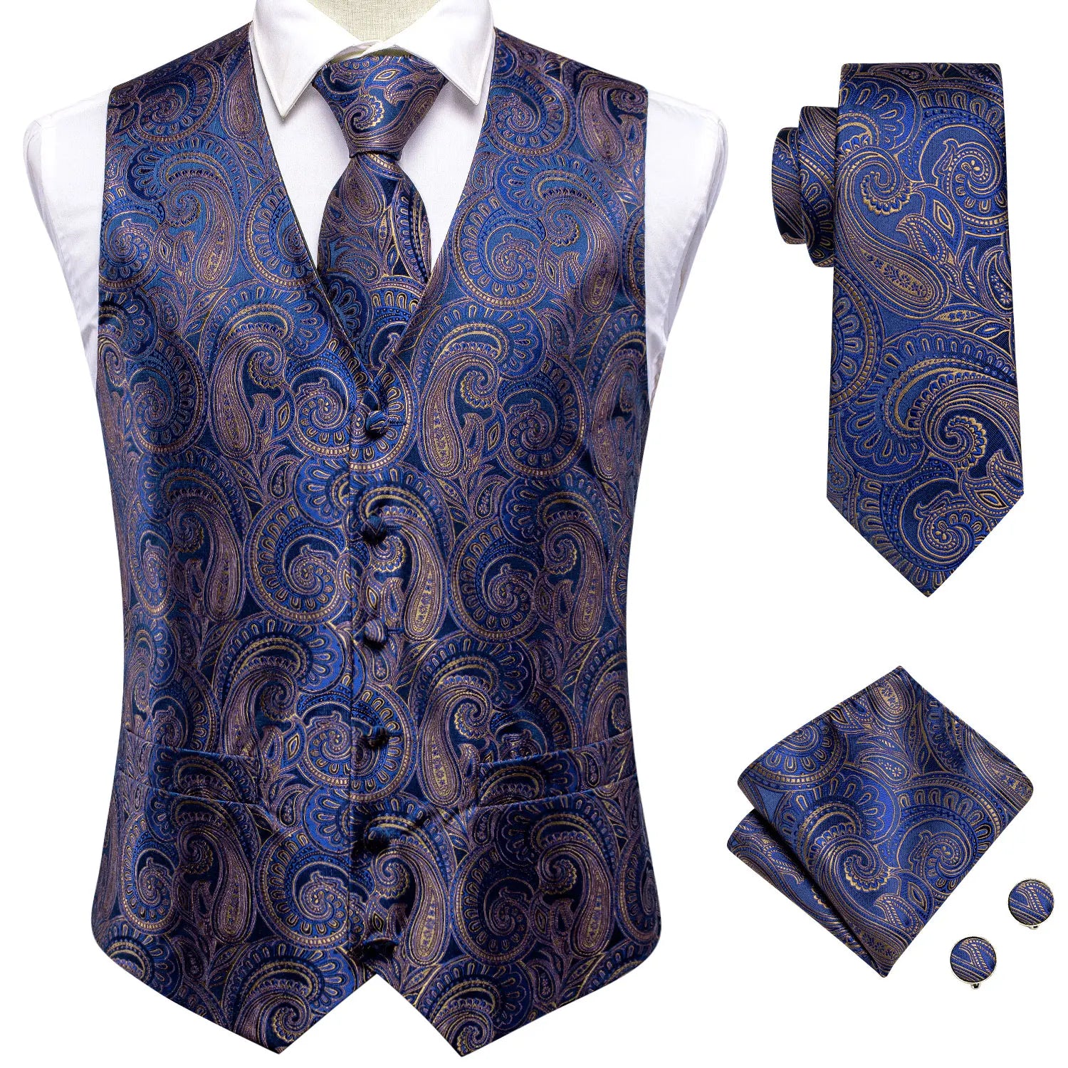 Hi-tie Mens Suit Vests Necktie Hankerchief Cufflinks Silk Slim Fit Qme