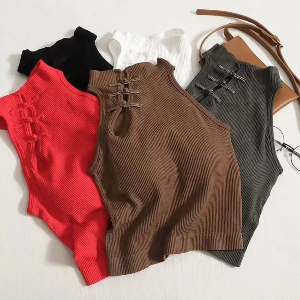 Frog Buckle Cheongsam Style Skinny Vest Sleeveless Backless Slim Crop Top Streetwear Ethnic Style Tanks Tops Women Spicy Girls Qme
