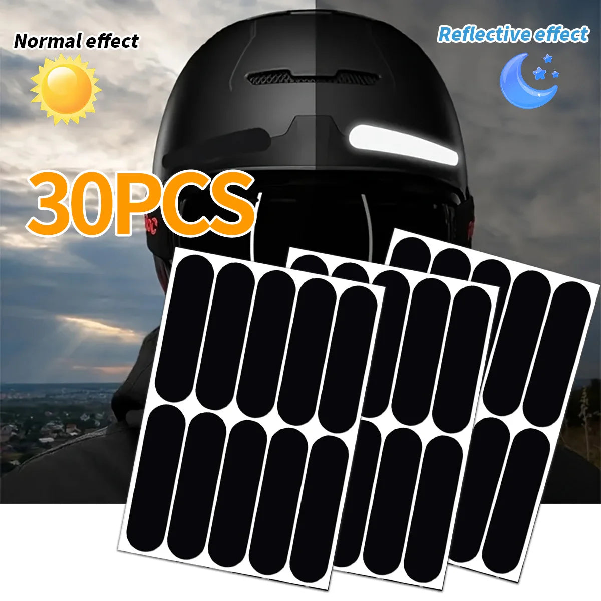 Black Helmet Warning Reflective Stickers Night Safety Driving Accessories Fluorescent Decorative Sticker Bicycle Moto Car Decal Qme 1.8cmX7cm-30pcs