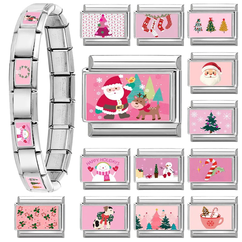 2025 Original Pink Christmas Tree Snowman Xmas Elk Wreath Sock Santa Claus Italian Charm Fit9mm Stainless Steel Bracelet Jewelry Qme