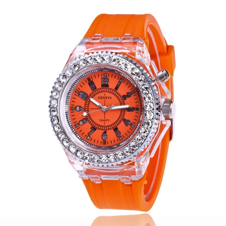 led Flash Luminous Watch Personality trends students lovers jellies woman men's watches 7 color light WristWatch bayan kol saati Qme orange