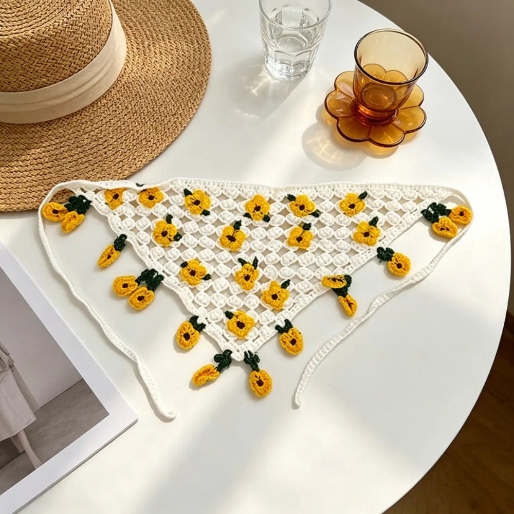 Cute Floral Knitted Flower Headband French Countryside Style Triangle Turban Bohemian Pastoral Women Hair Scarf Girls Qme Yellow