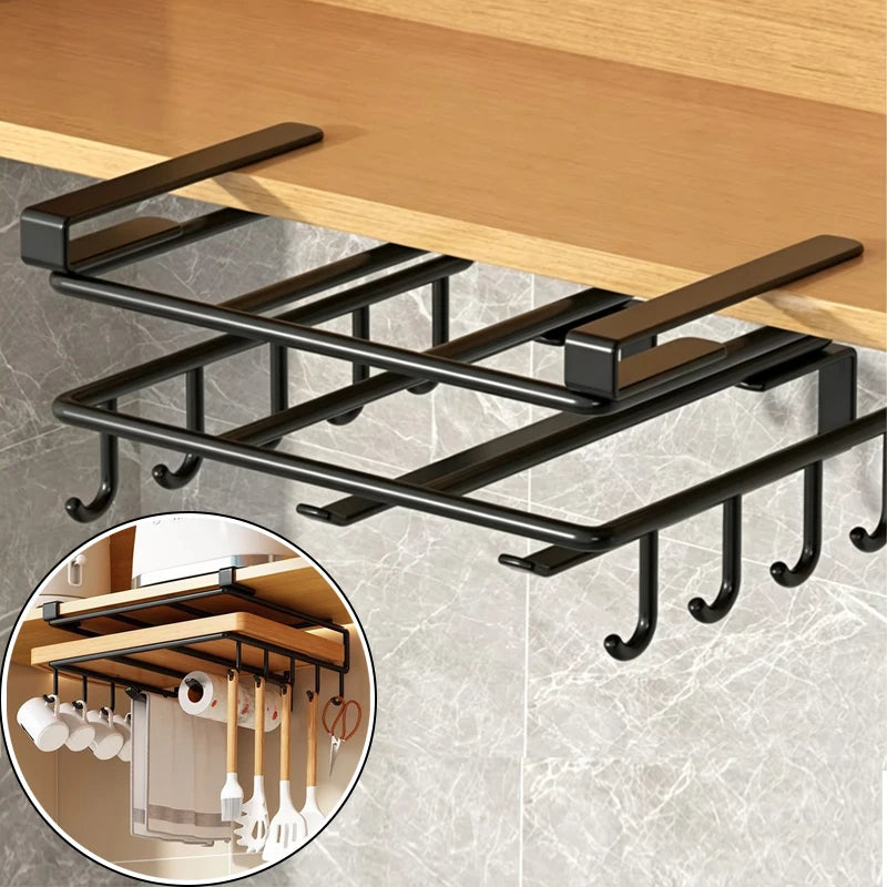 Household Space Saving Kitchen Organizer Under Cabinet Hanging Rack with Hooks Towels Cutting Boards Pot Lids Portable Storage Qme