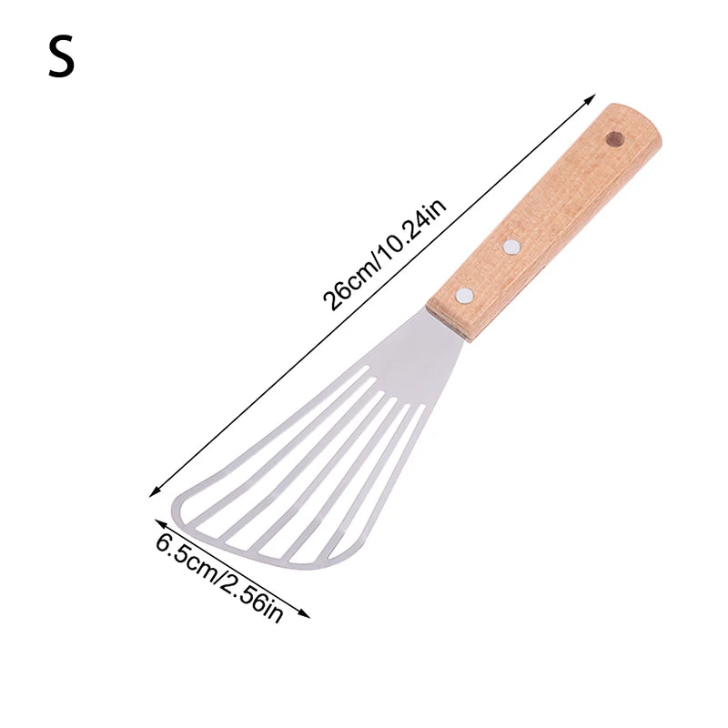 Stainless Steel Slotted Turner Fish Frying Shovel With Wooden Handle Fan-shaped Shovel Household High-temperature Frying Shovel Qme S