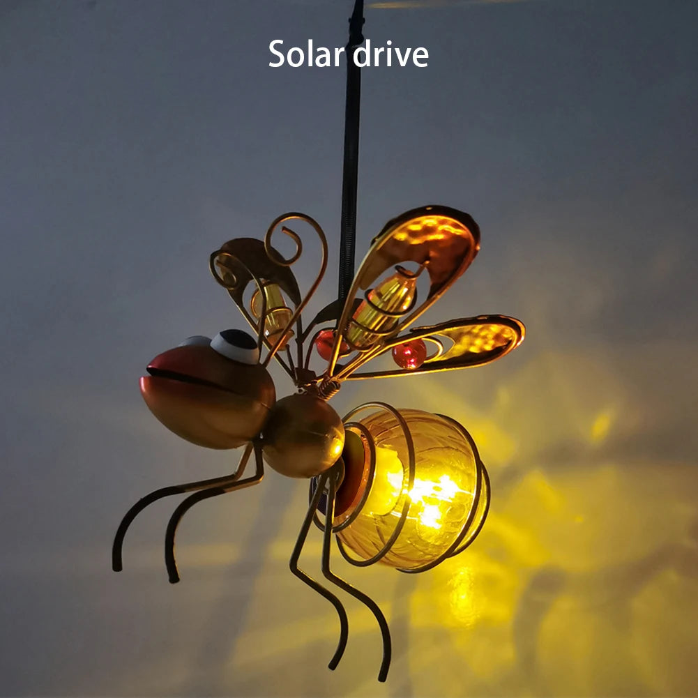 Solar-Powered Hanging Metal Bees Light Garden Decor Lady Sculpture with Bouncy Springs Summer Outdoor Art Decorations Qme