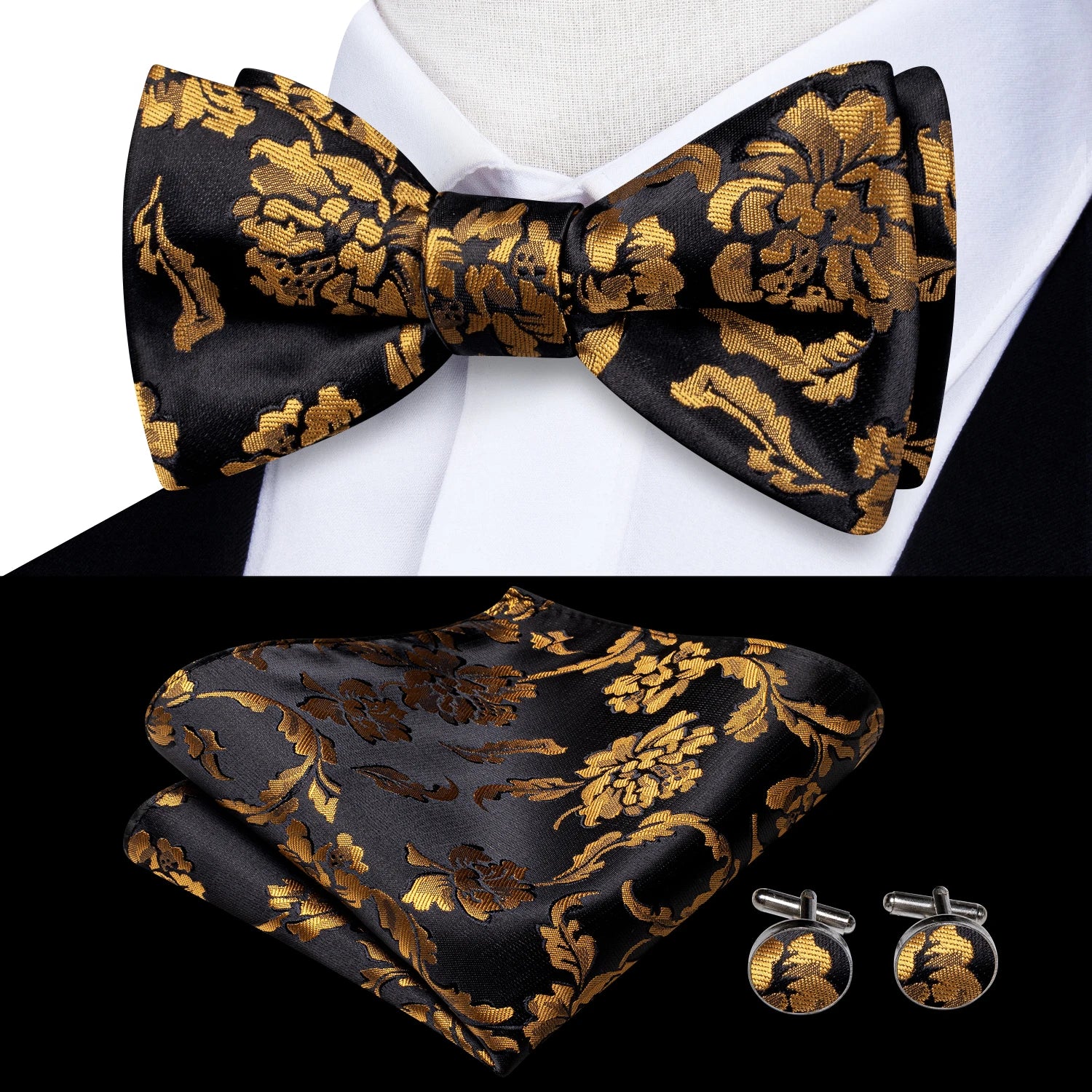 Hi-tie Silk Mens Self Bow Tie Hanky Cufflinks Blue Red Gold Black
