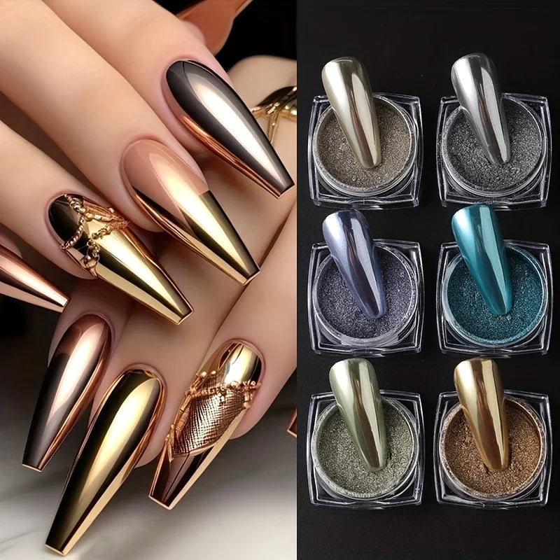 6 Retro Magic Mirror Nail Glitter Powders Chrome Pigments Y2K Rubbing Qme
