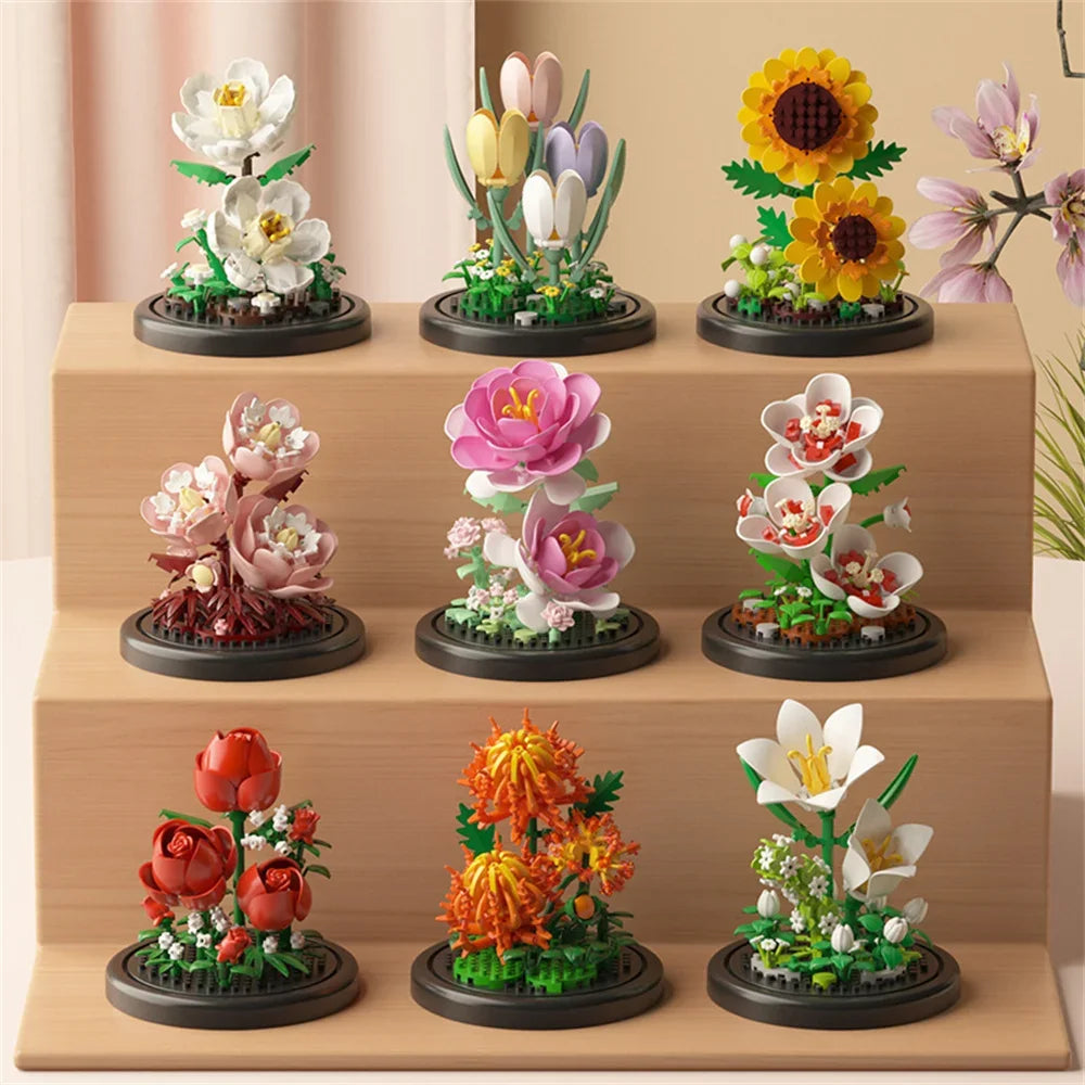 Eternal Flower Bouquet Bonsai Potted Plant Micro Building Blocks Model Home Decoration Puzzle Toys Kids Birthday Christmas Gifts Qme
