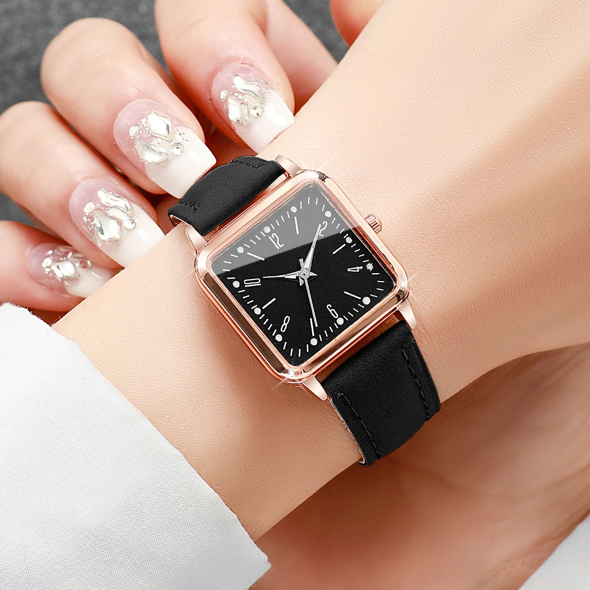 Rose gold square pink leather women's simple digital scale small square watch, not including gift box Qme