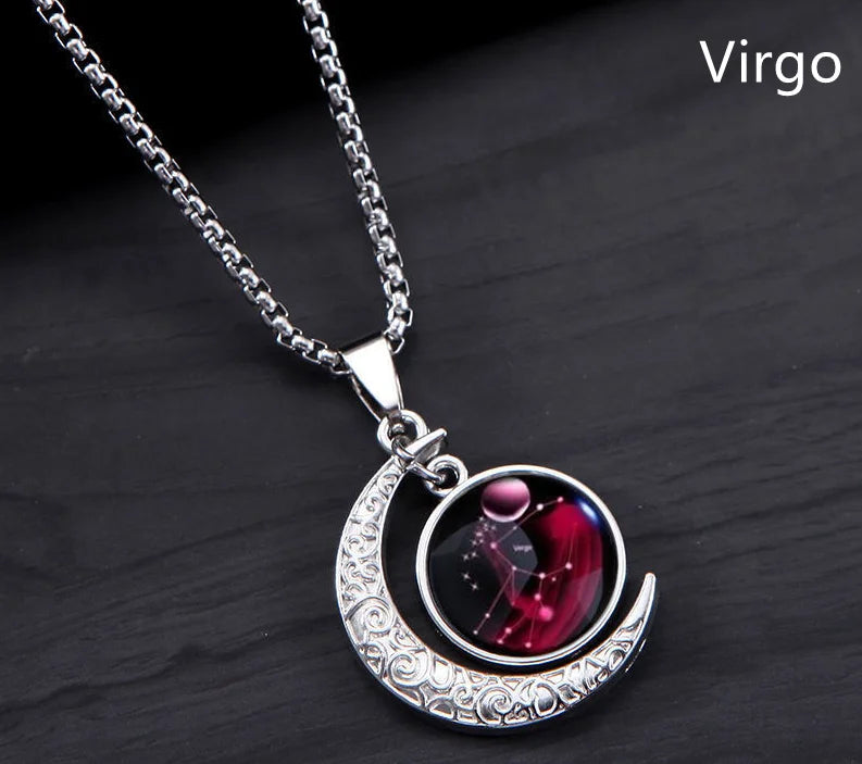 12 Constellation Luminous Necklace Zodiac Signs Jewelry Crescent Moon Pendant Glow In The Dark Necklace Birthday Gifts Unisex Qme virgo