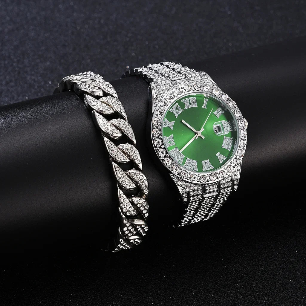 European and American men's personalized hip-hop feng shui ghost Roman diamond studded quartz watch men+hip-hop bracelet Qme Silvery Green Suit
