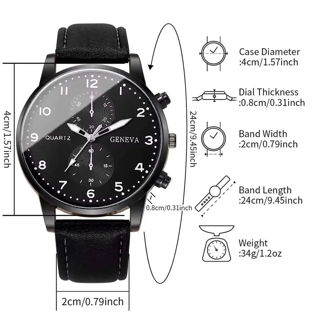 2PCS Three eye business casual trendy belt quartz watch high-end atmospheric watch large dial light luxury Qme