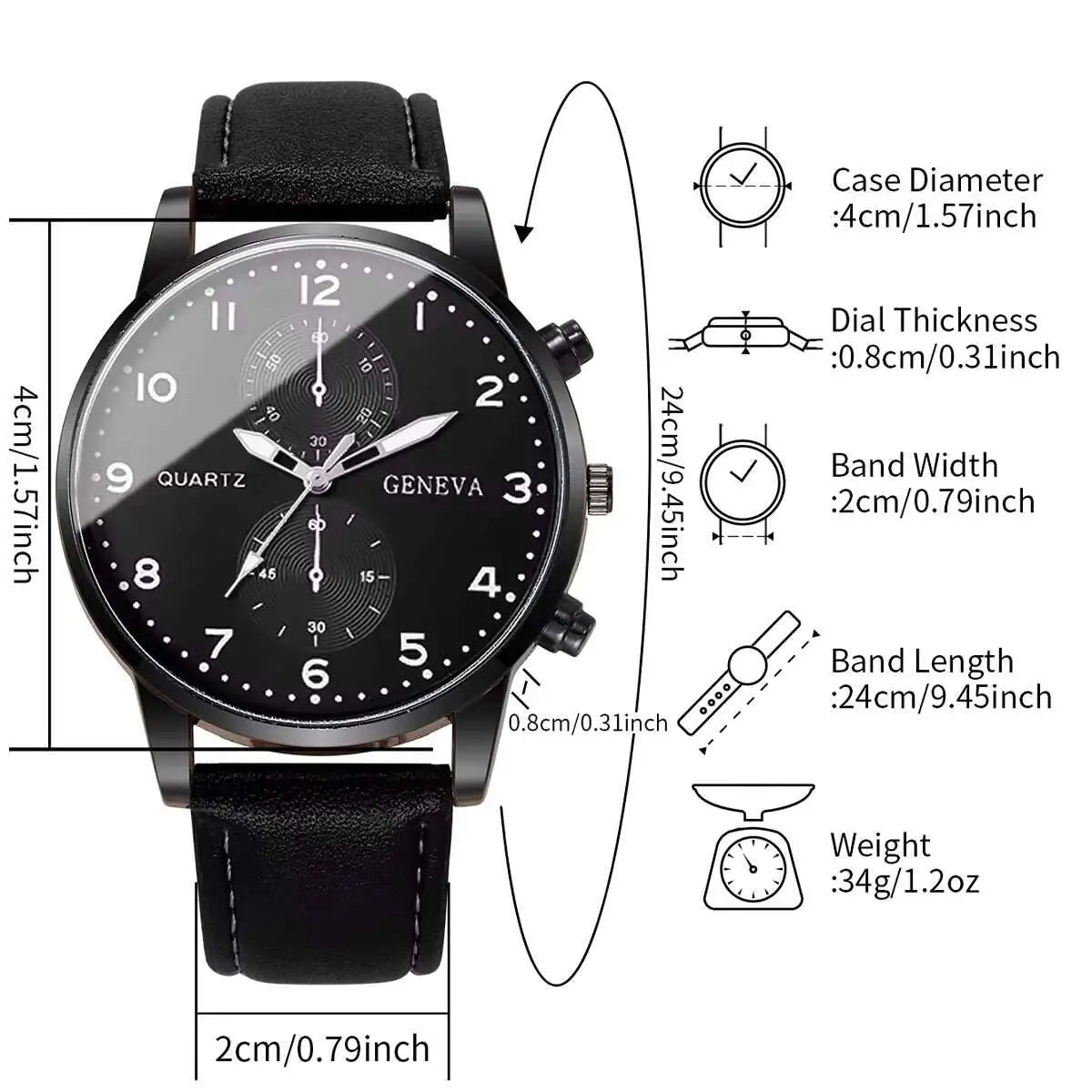 2PCS Three eye business casual trendy belt quartz watch high-end atmospheric watch large dial light luxury Qme