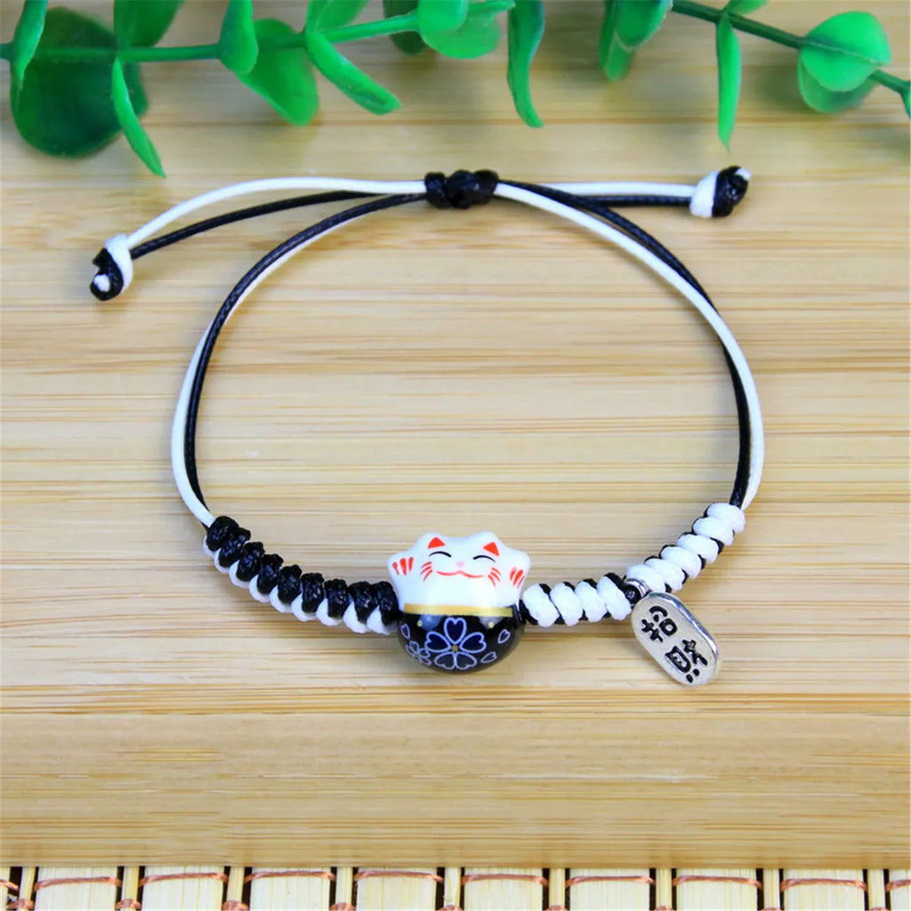 2023 Charm Versatile Lovely Cat Ceramic Woven Bracelet Couple Cute Japan Lucky Kawaii Pendant Rope Chain Jewelry Gift Wholesale Qme