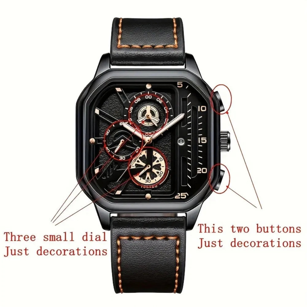 Luxury Square Case Men Chronograph Wristwatch, Multi-Subdial Hollow Dial Black Gold Accent Leather Strap Sport Business Quartz Qme