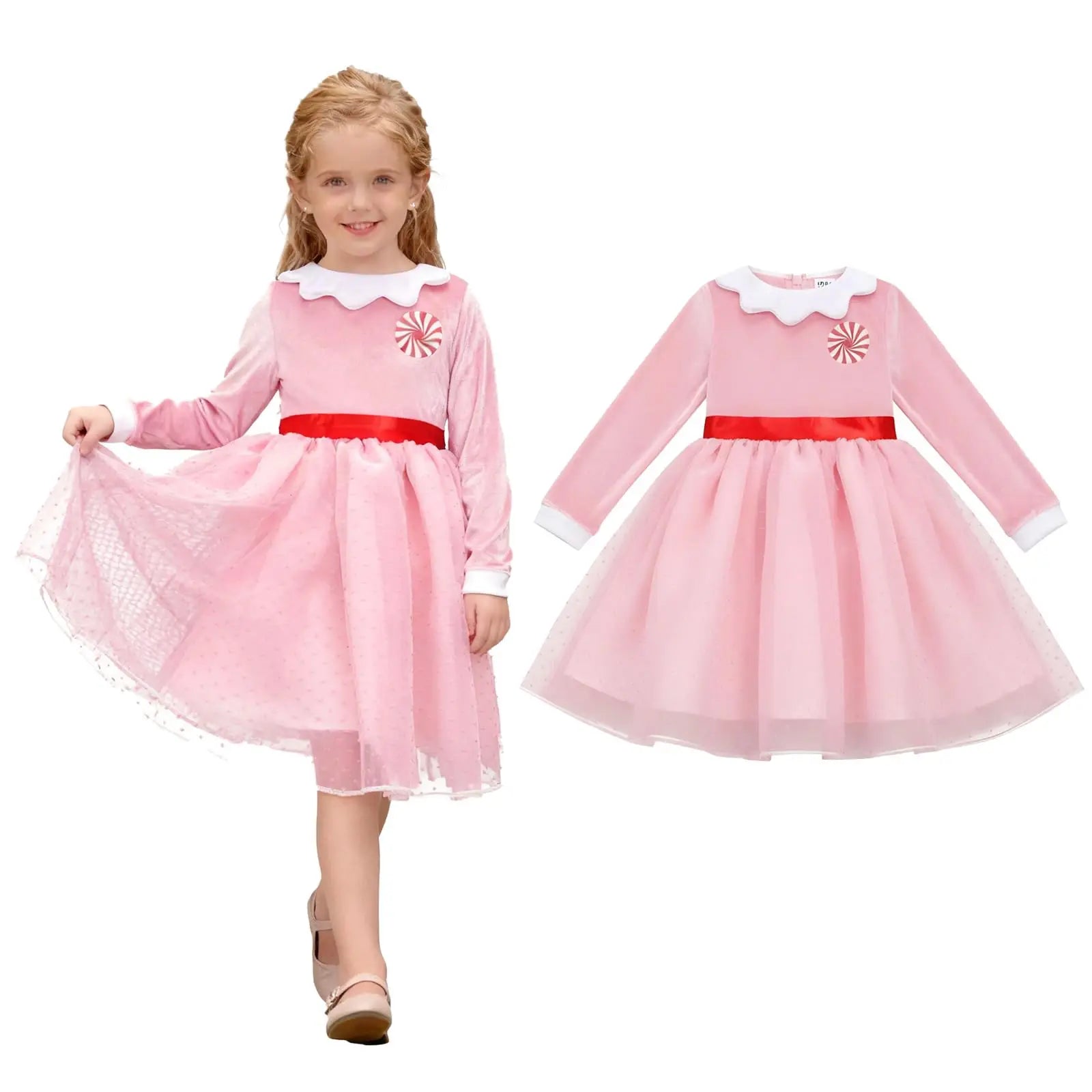 Girls Cindy Lou Who Costume Girls Loog Sleeve Princess Dress with Lollipop Pattern Christmas Dress Up Skirt Outfit Qme