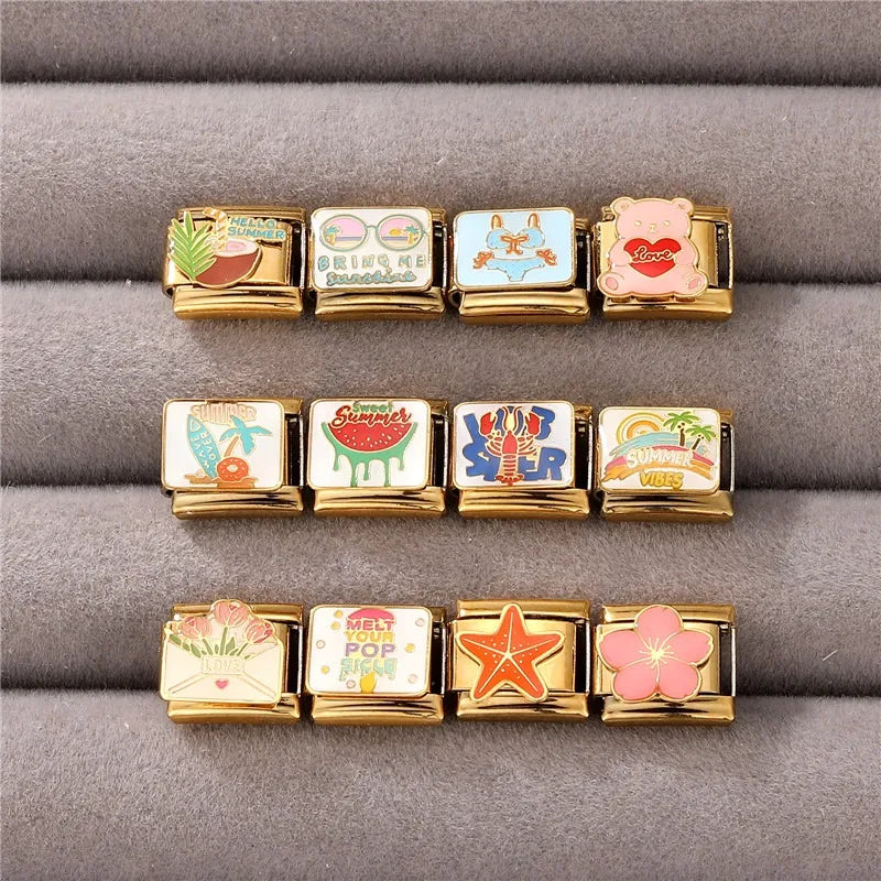 Gold Color Red Love Heart Bear Coconut Tree Pink Flowers Italian Charm Links Stainless Steel Fit 9mm Bracelet Making DIY Jewelry Qme